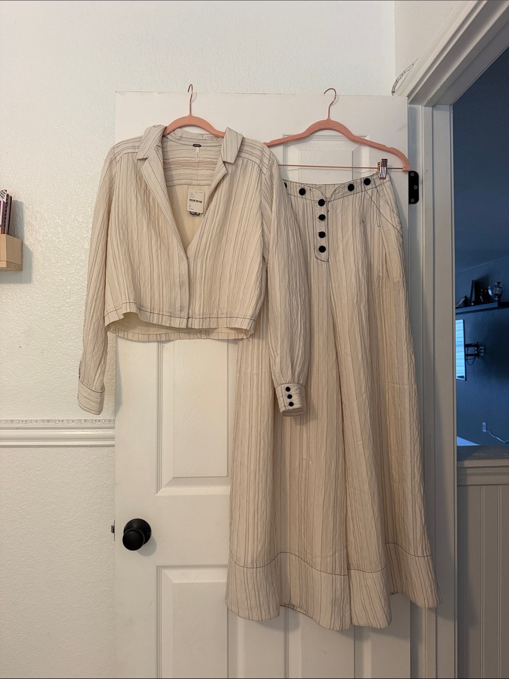 Free People Cream Striped Two-Piece Skirt Set with Black Buttons